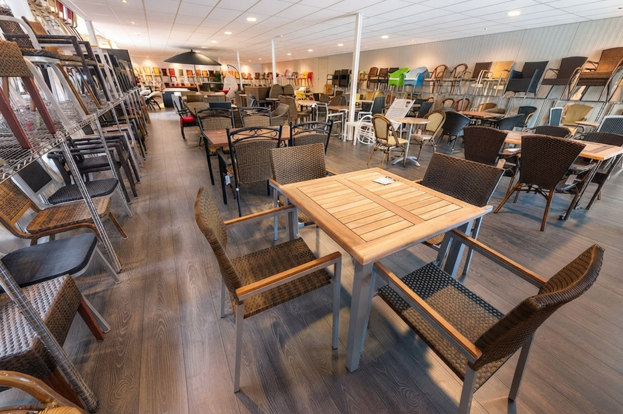 Ausstellung von ABC Worldwide mit Terrassenmöbeln und Gastronomiestühlen